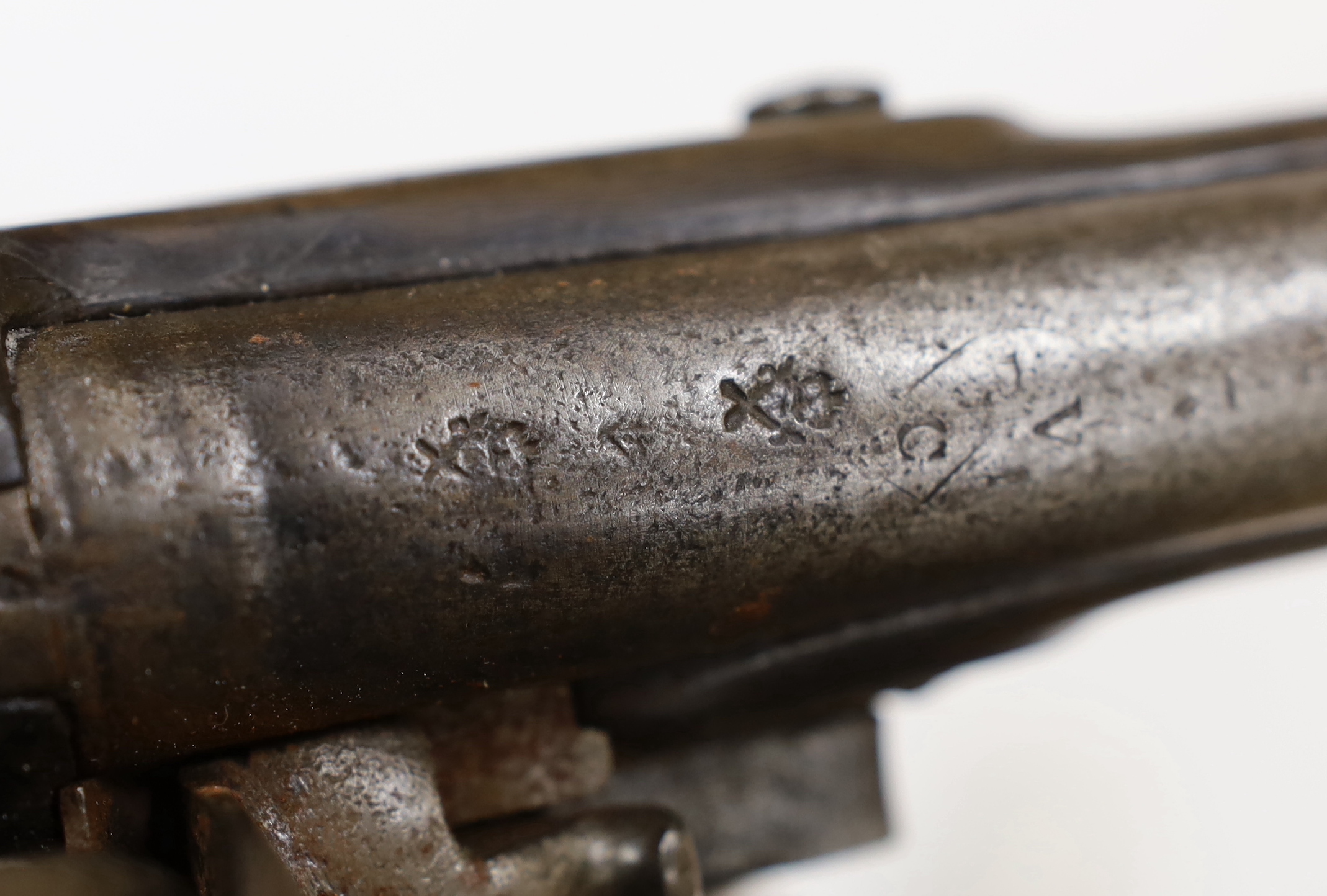 A 16 bore in East India company, Flintlock holster, pistol, barrel, engrave with EIC heart mark and makers name, dated 1802 lock plate also engraved 1802, VEIC with regulation brass mounts reconverted from percussion